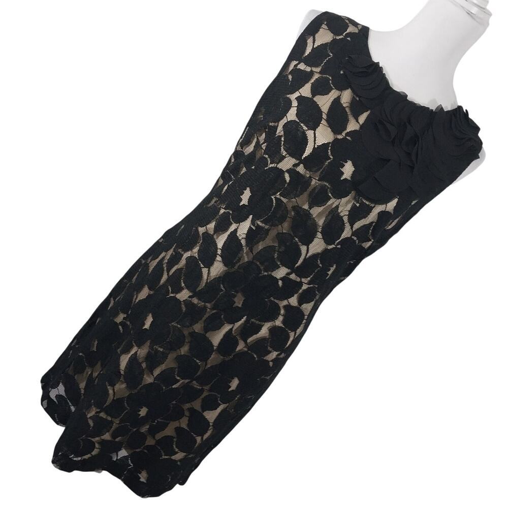 LIV! SILHOUETTE BLACK LEAVES OVER NUDE CHIFFON FLUTTERY NECK DETAIL DRESS! SZ 12